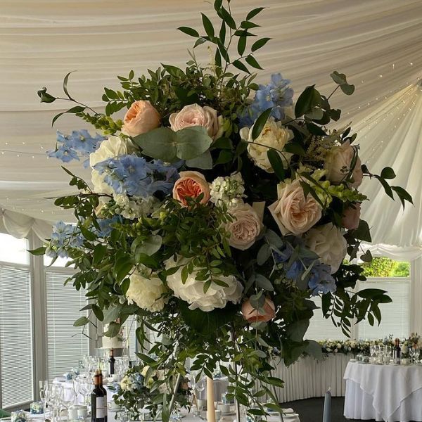 David Austin roses accompanied by Ohara’s and that colour popping blue delphinium. 