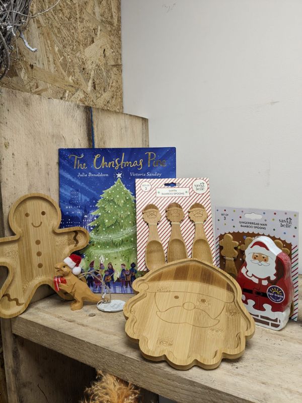 Christmas Eve box edit - bamboo plates - cutlery  - Santa hat wearing dino tree dec by Sass & Belle - Christmas book 