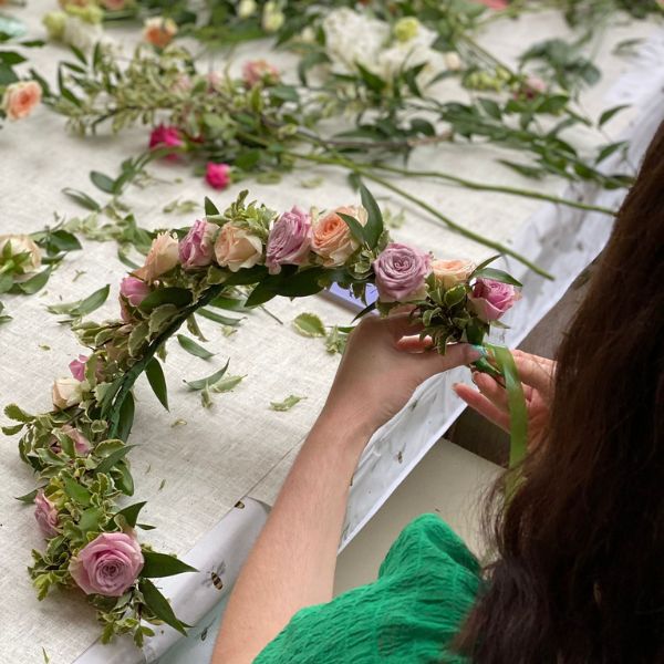 Making a floral crown in the Introduction to Floristry workshop